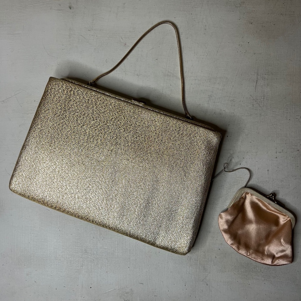 Vintage 1950s Gold Metallic Clutch Purse Kiss Lock Purse Set 50s MCM Pin Up